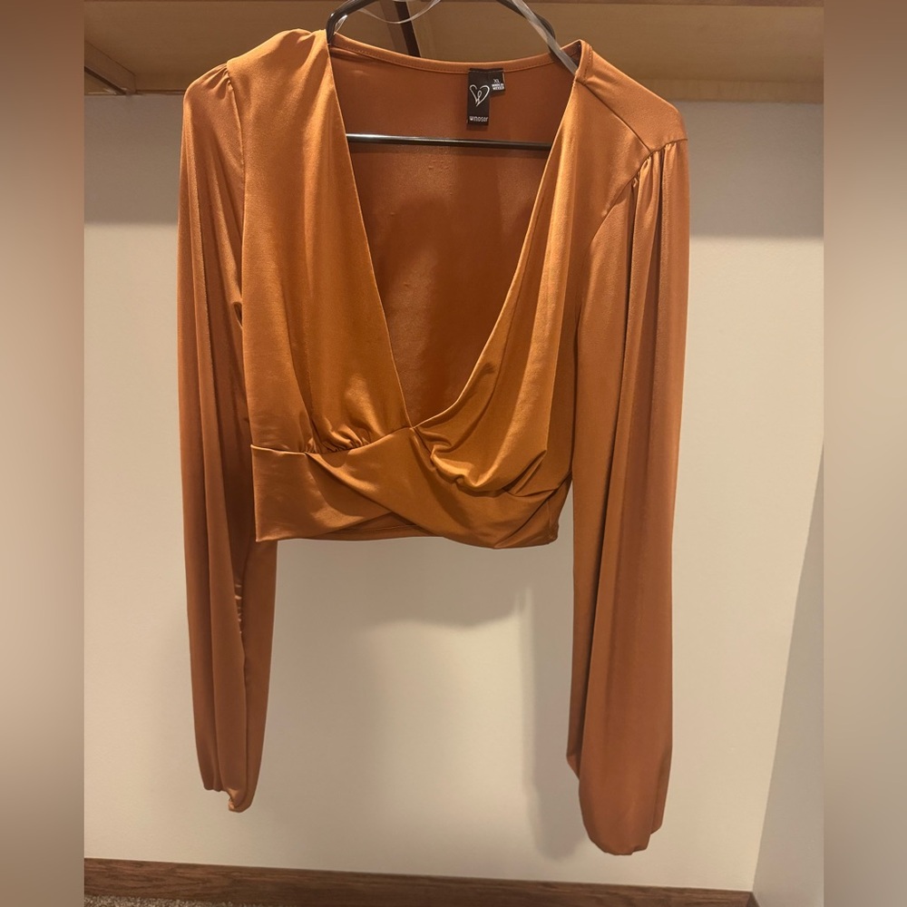 Long Sleeve Cropped VNeck Rust Blouse